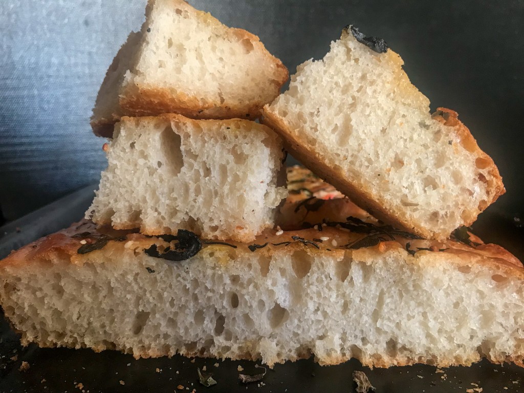 Crumb of sourdough focaccia